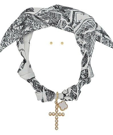 Cross & Clover Charm Scarf Necklace Set