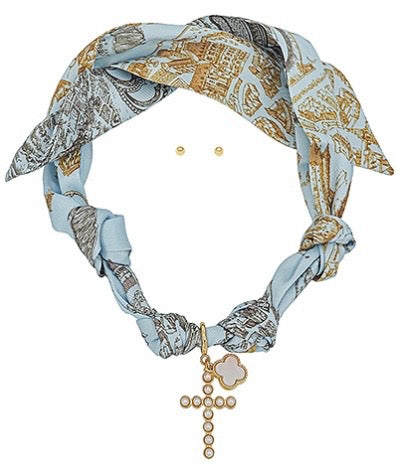 Cross & Clover Charm Scarf Necklace Set