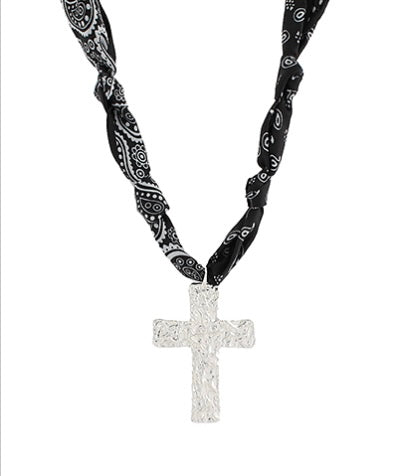 Textured Cross Pendant Scarf Necklace