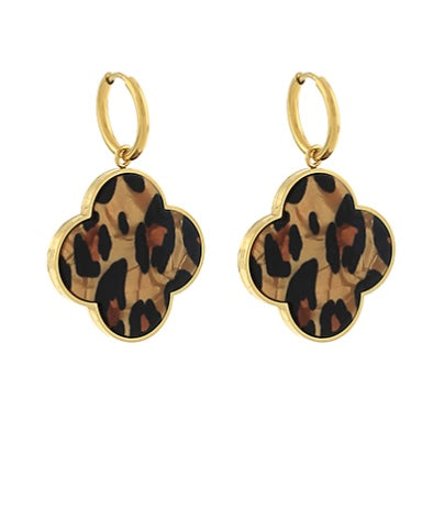 Leopard Pattern Clover Dangle Hoops