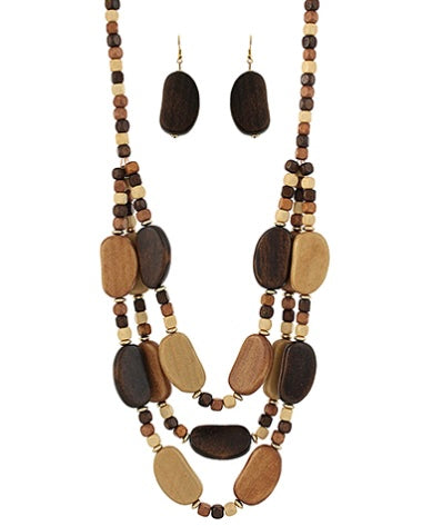 3 Layered Wood Bean Shape Necklace Set