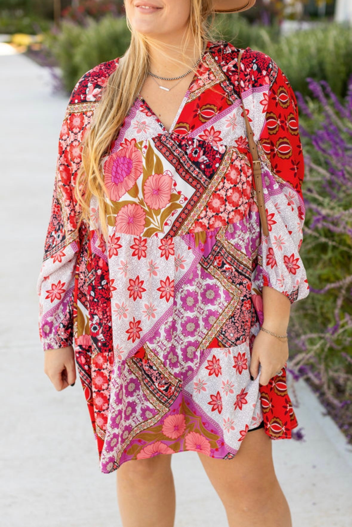 Mixed Pattern Long Sleeve V Neck Dress