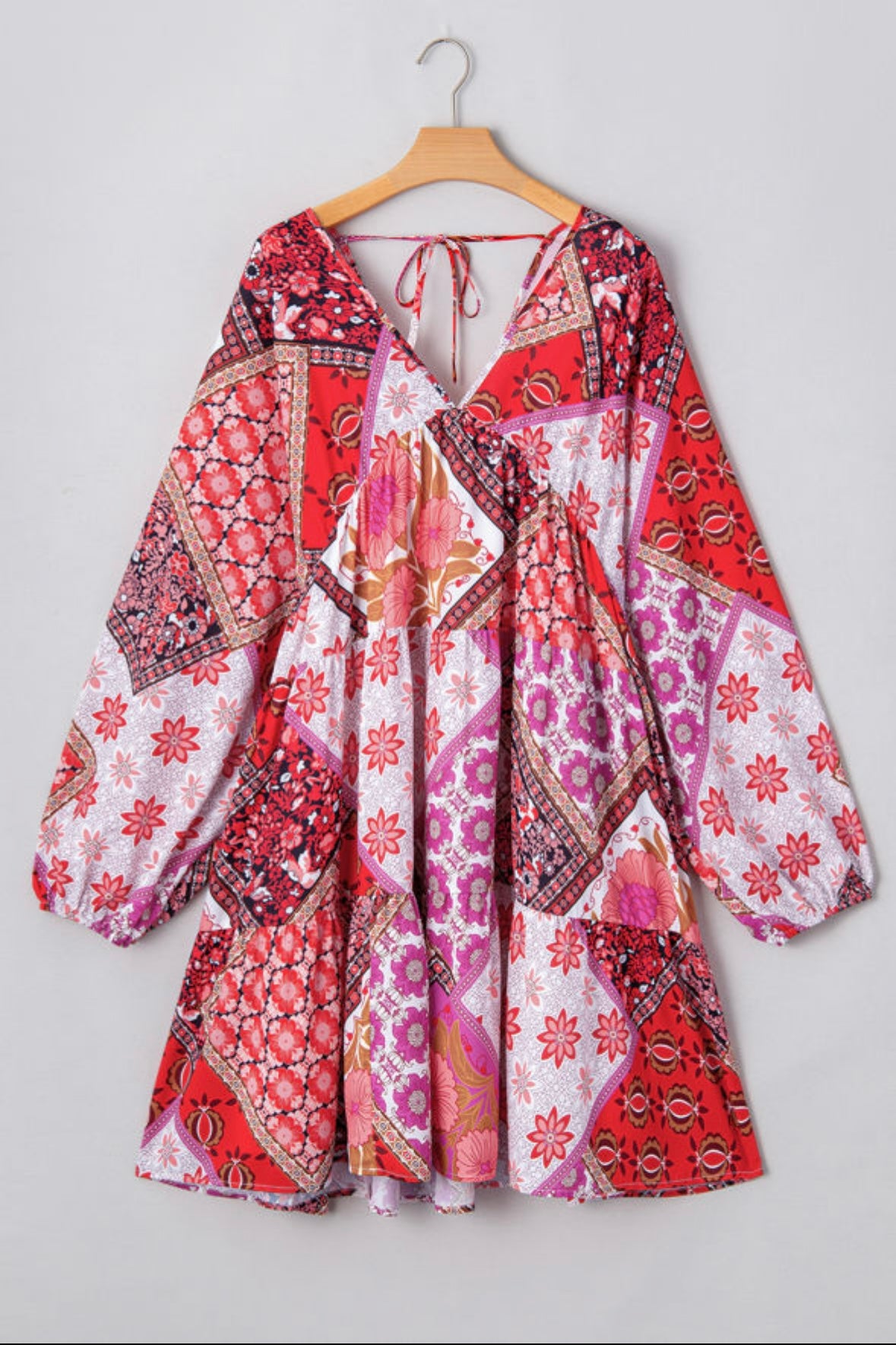 Mixed Pattern Long Sleeve V Neck Dress