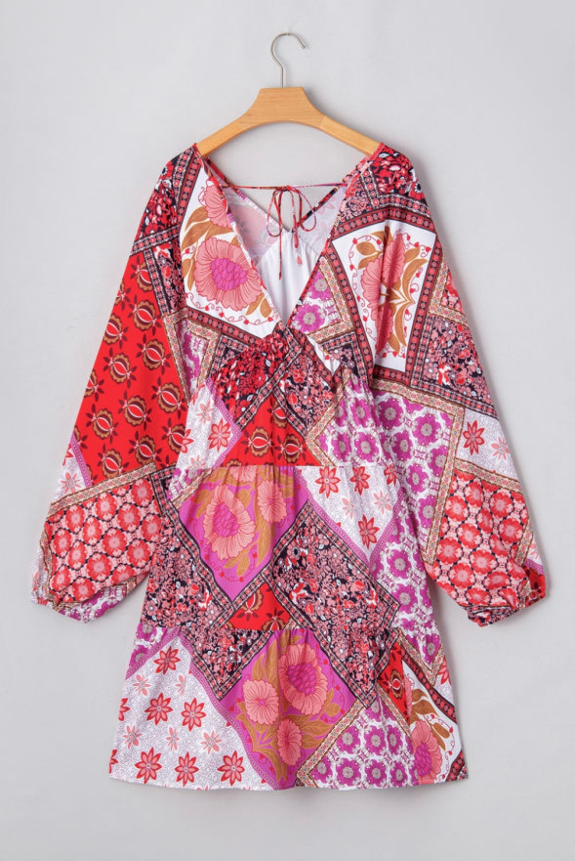 Mixed Pattern Long Sleeve V Neck Dress