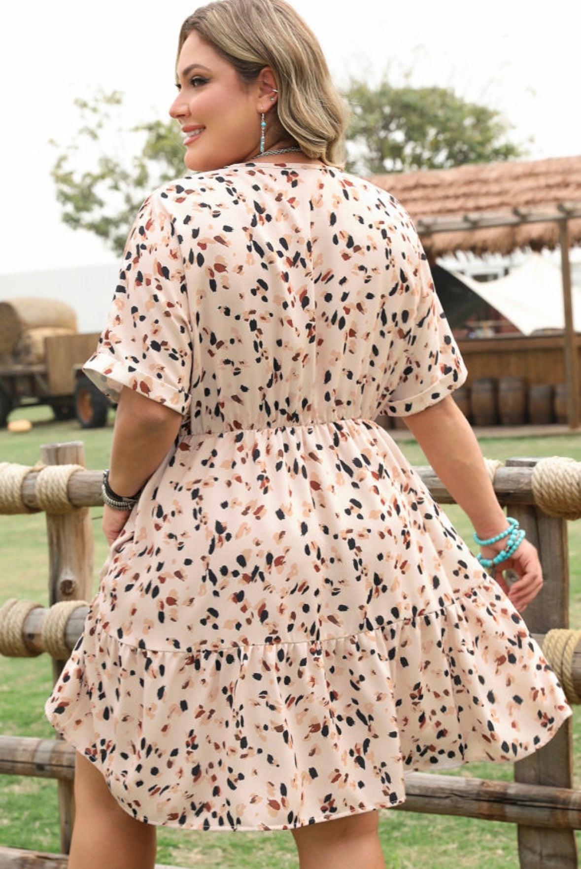 Printed V Neck Cuffed Sleeve Empire Waist Dress