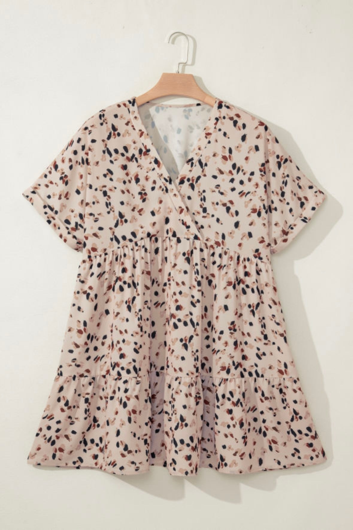 Printed V Neck Cuffed Sleeve Empire Waist Dress