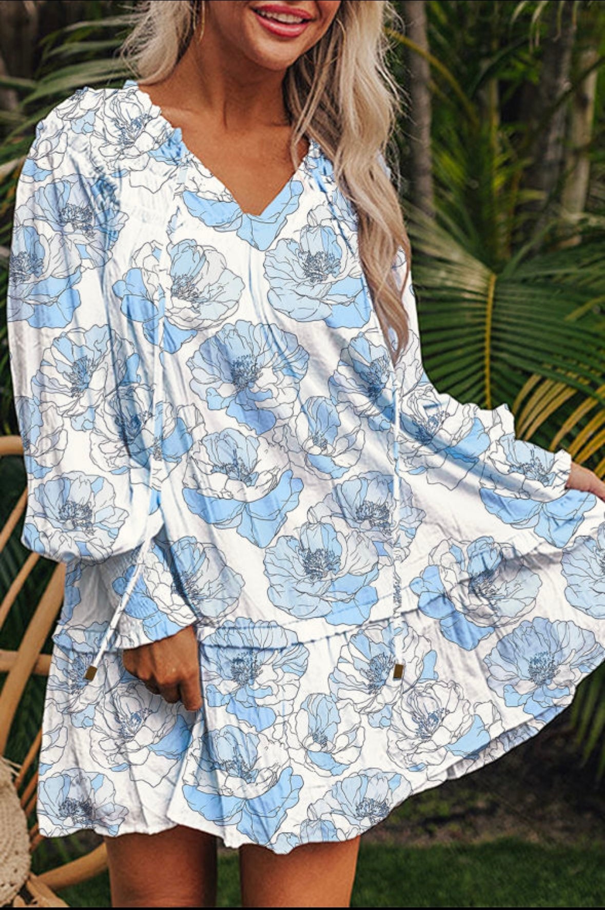 Floral Print Tie Neck Long Sleeve Flowy Mini Dress