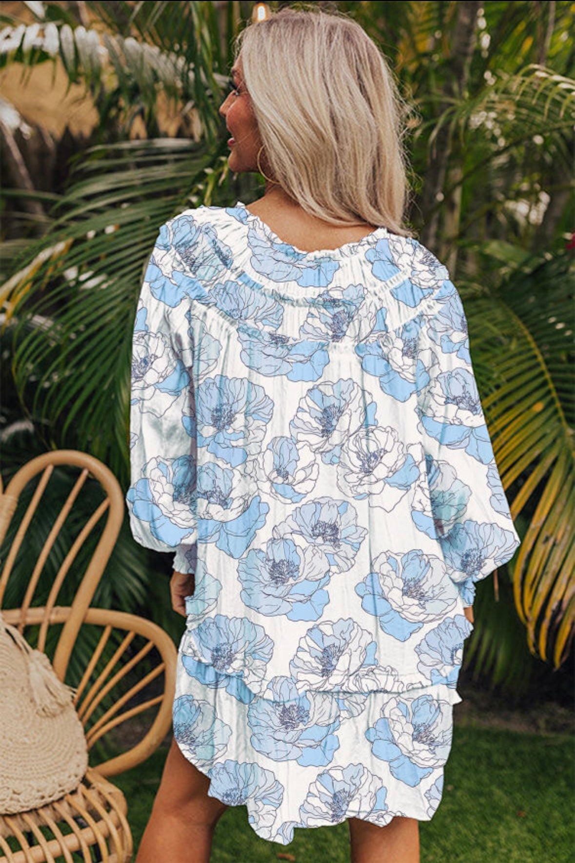 Floral Print Tie Neck Long Sleeve Flowy Mini Dress