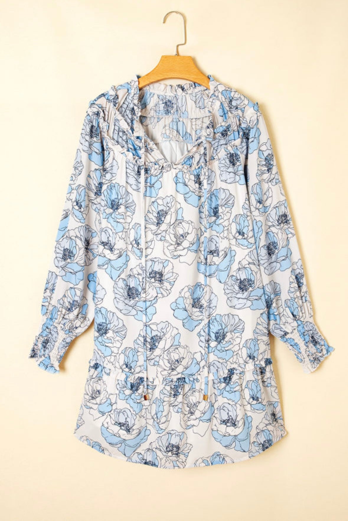 Floral Print Tie Neck Long Sleeve Flowy Mini Dress