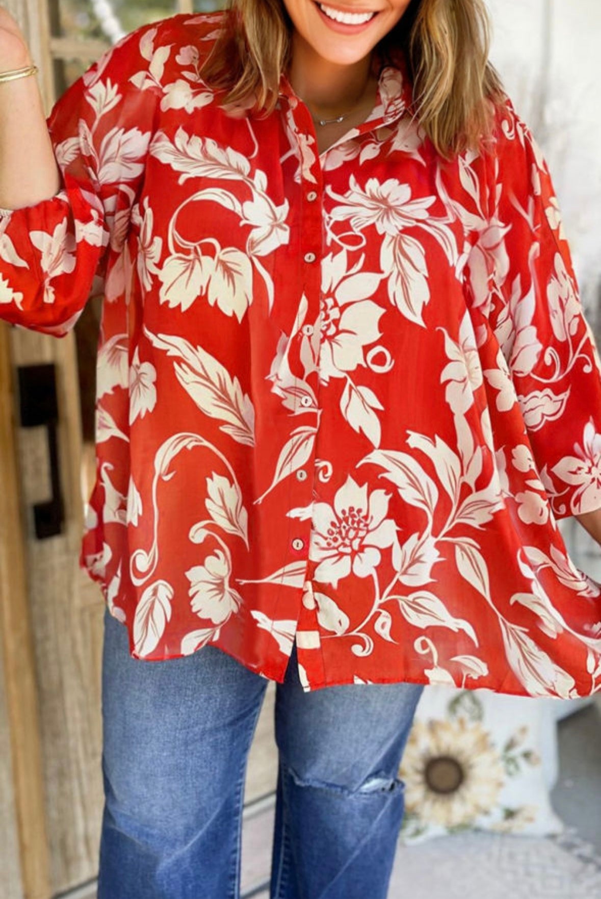 Floral Print Loose Button Up Blouse