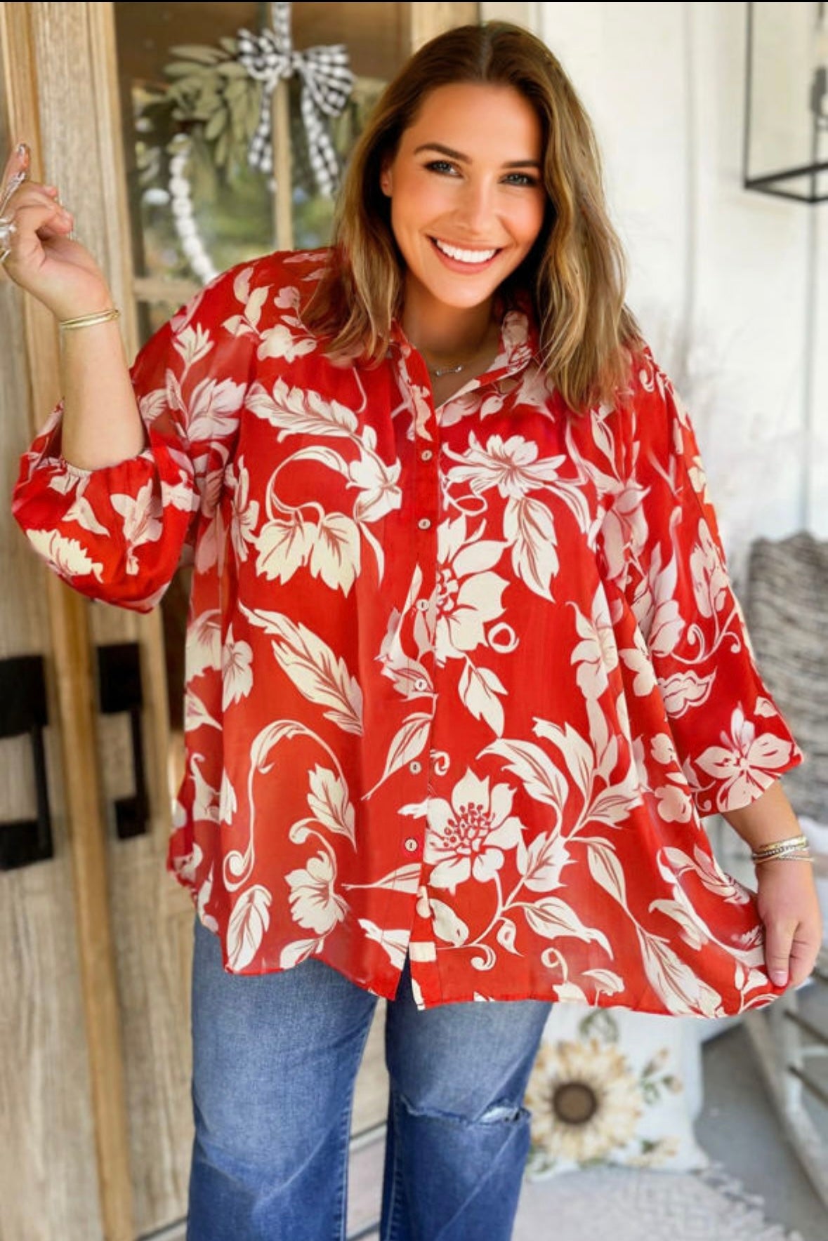 Floral Print Loose Button Up Blouse
