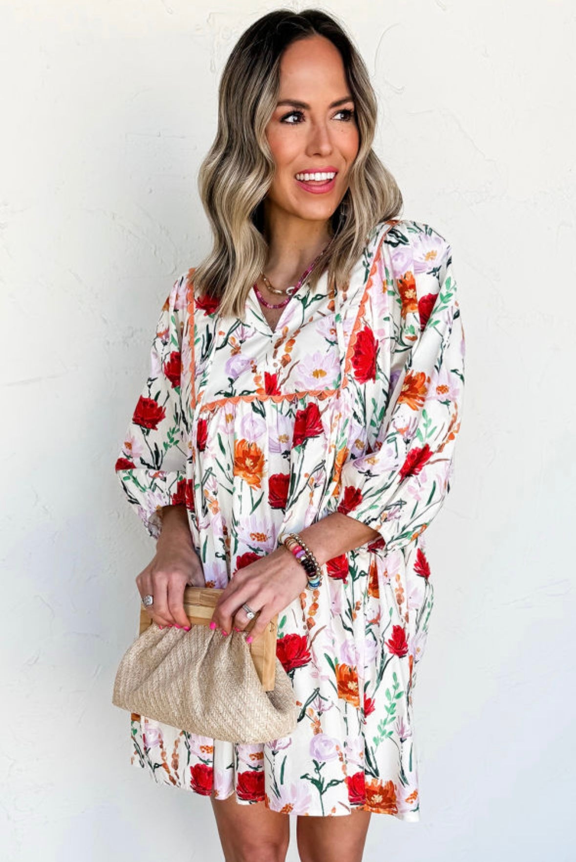 Floral Print 3/4 Puff Sleeve Ricrac Trim Mini Dress