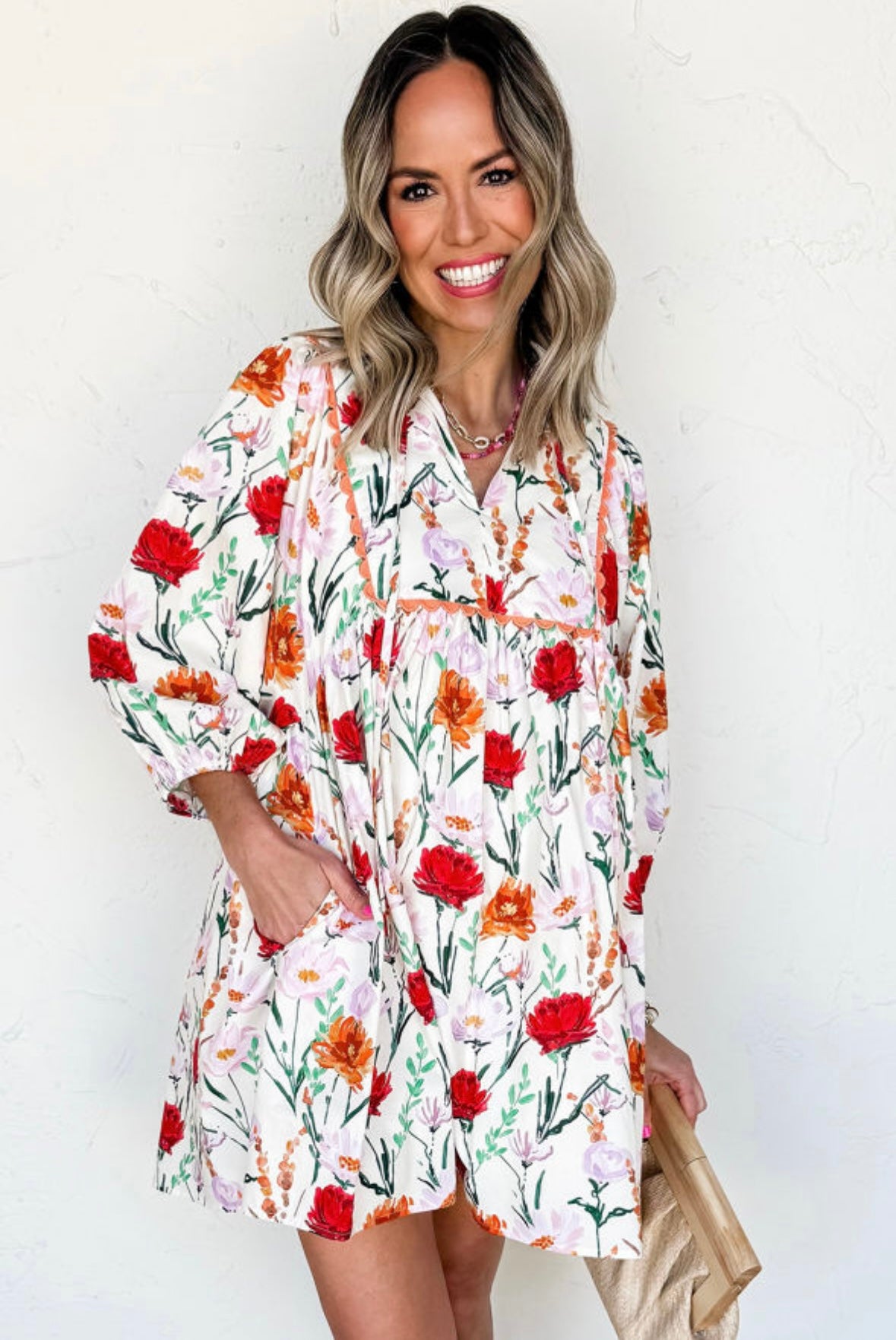 Floral Print 3/4 Puff Sleeve Ricrac Trim Mini Dress