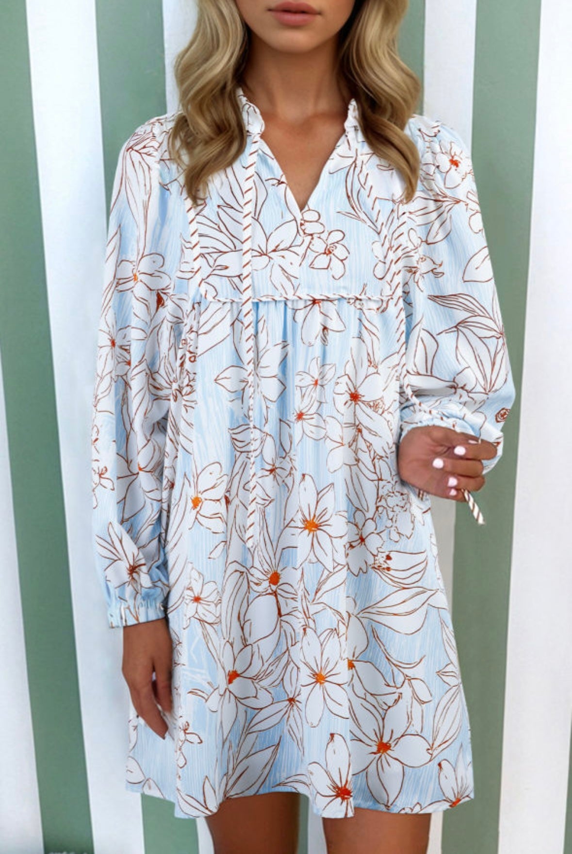 Floral Print Tie Neck Mini Dress