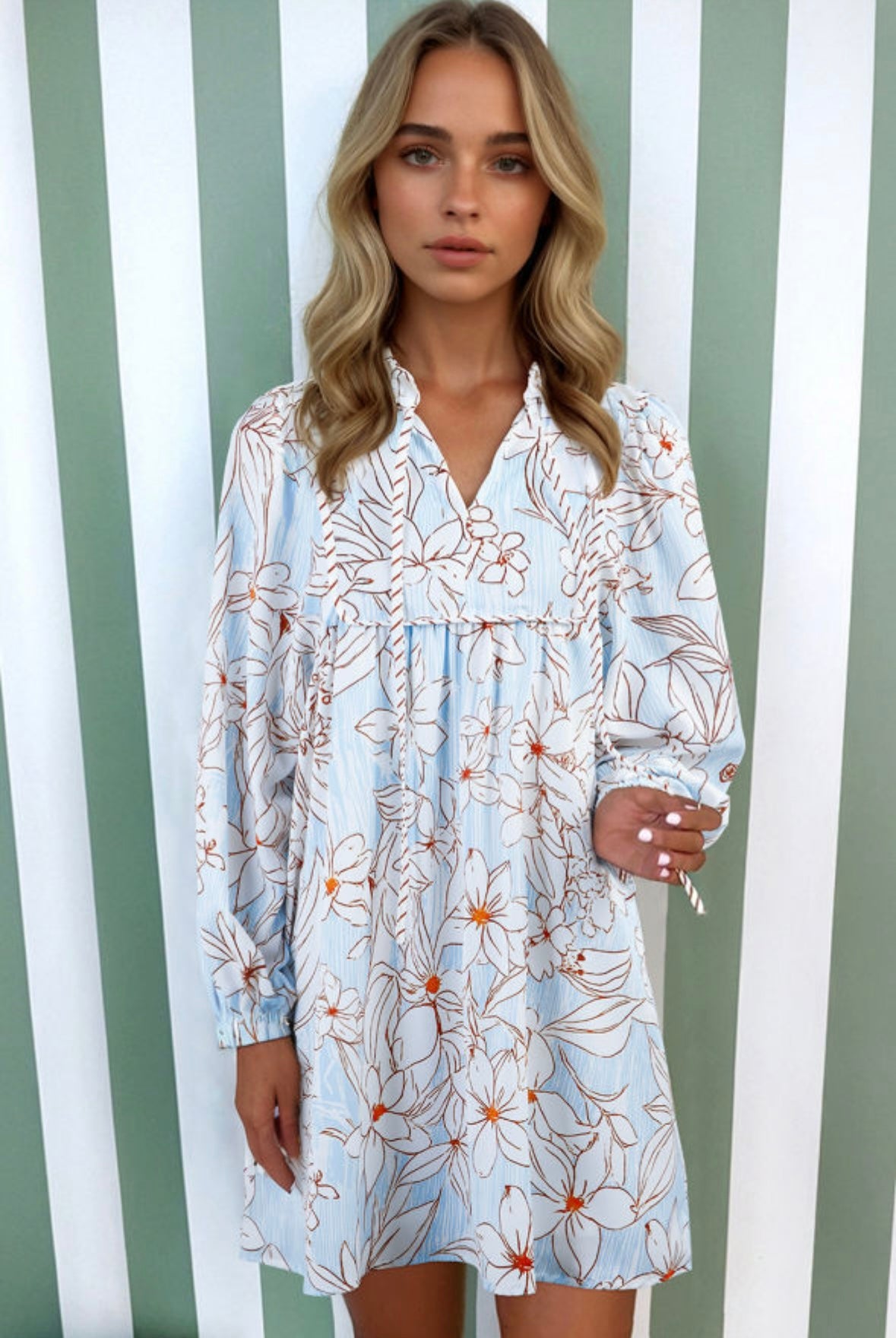 Floral Print Tie Neck Mini Dress