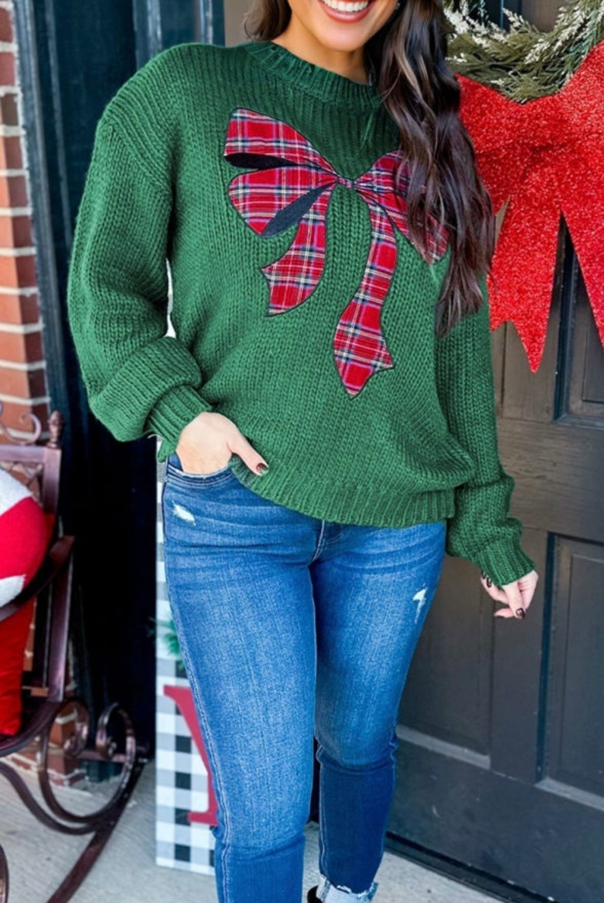 Plaid Bow Graphic Christmas Sweater