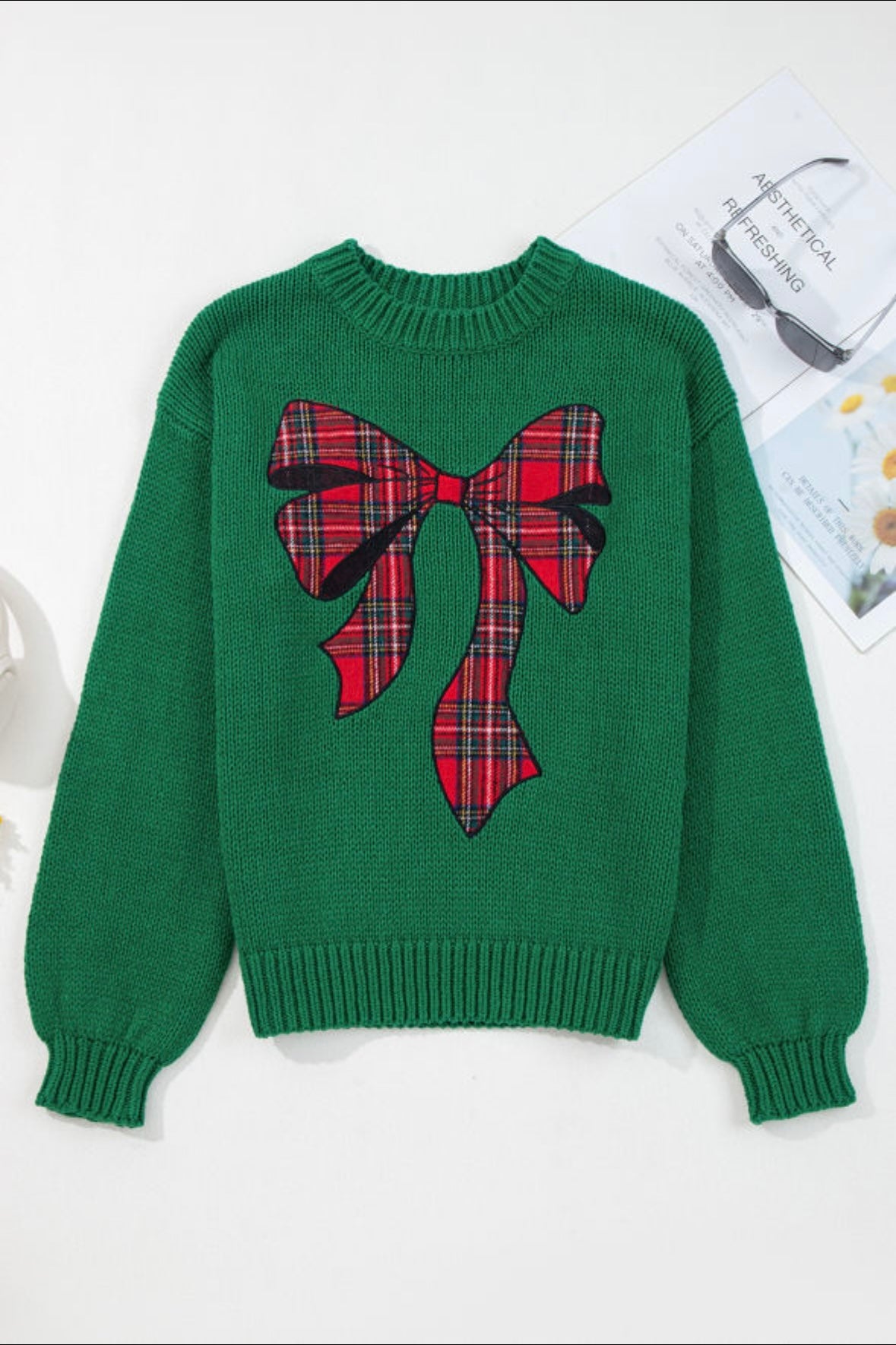 Plaid Bow Graphic Christmas Sweater
