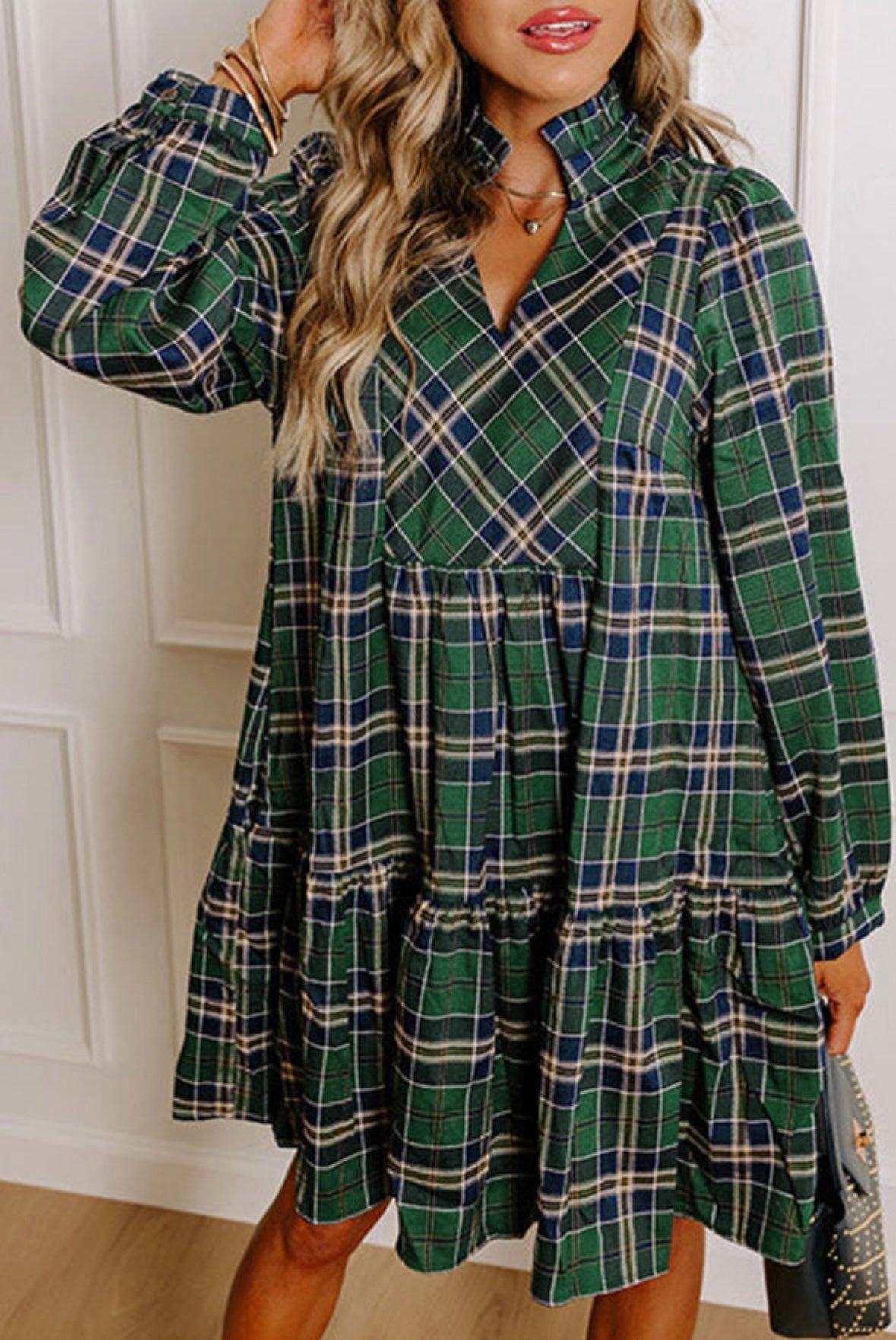 Plaid Print Frilly Collar Long Sleeve Shift Mini Dress