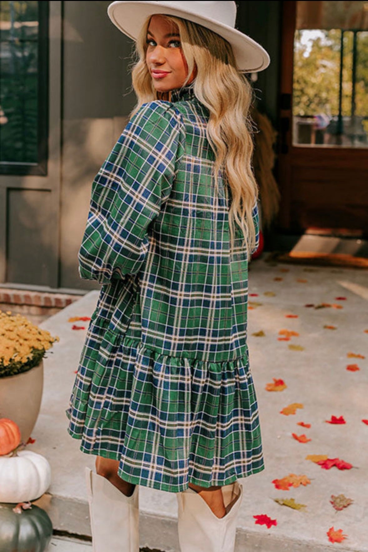 Plaid Print Frilly Collar Long Sleeve Shift Mini Dress