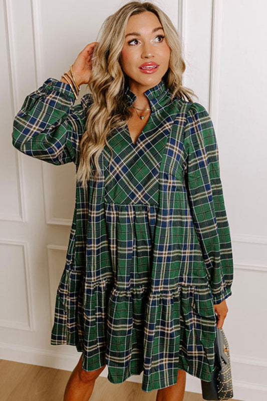 Plaid Print Frilly Collar Long Sleeve Shift Mini Dress