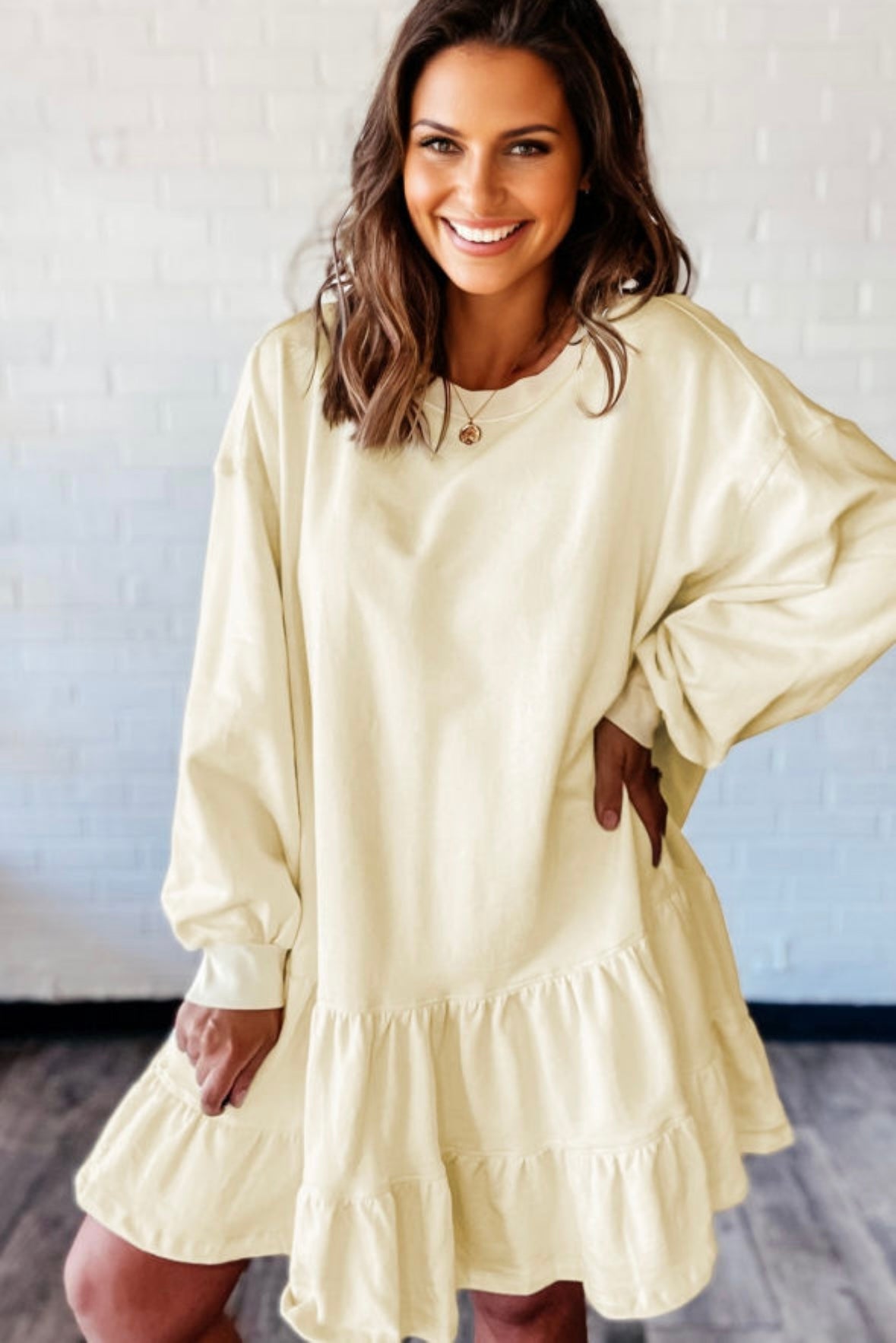 Double Tiered Ruffle Hem Long Sleeve Loose Mini Dress