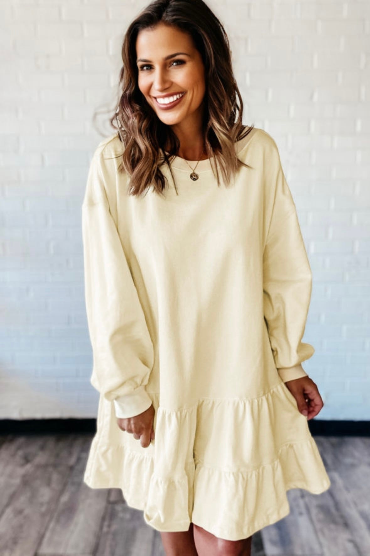 Double Tiered Ruffle Hem Long Sleeve Loose Mini Dress