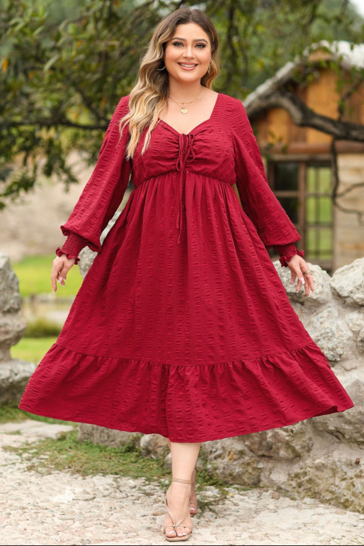 Lace-up Ruched Front Ruffle Hem Midi Dress