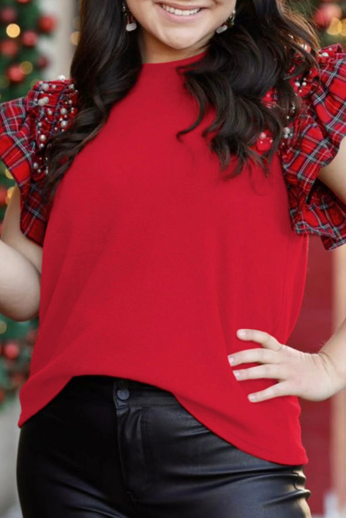 Plaid Pearl Ruffle Sleeve Top