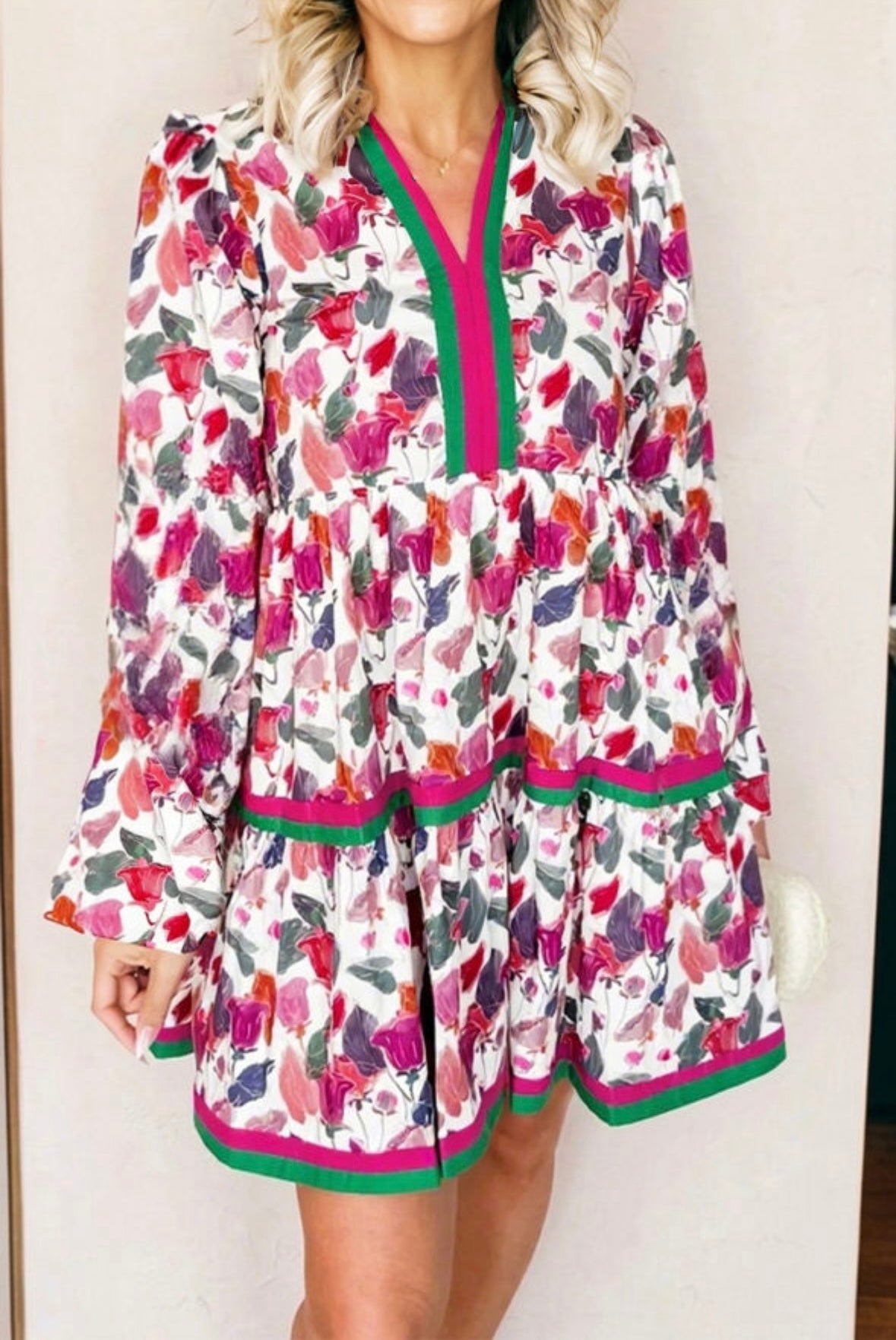 Floral Print Contrast Striped Detail Long Sleeve Mini Dress