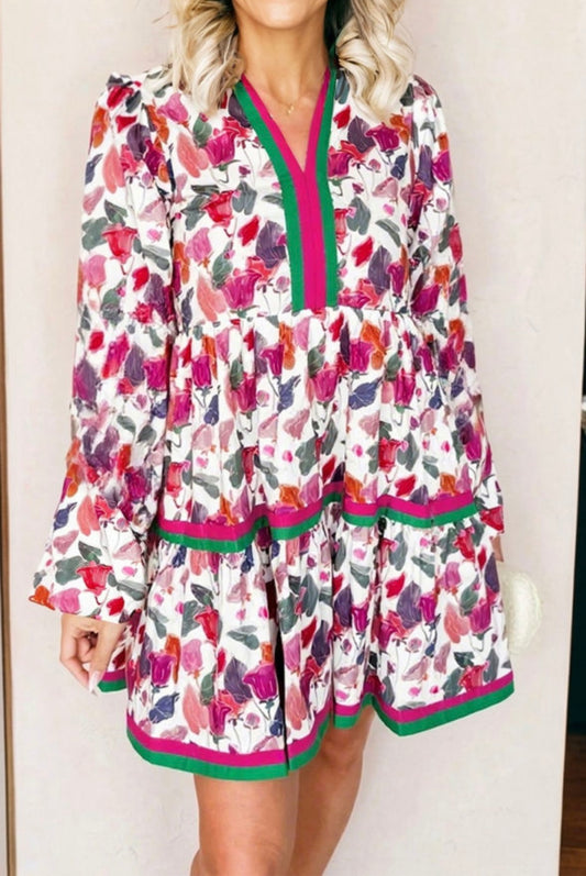 Floral Print Contrast Striped Detail Long Sleeve Mini Dress