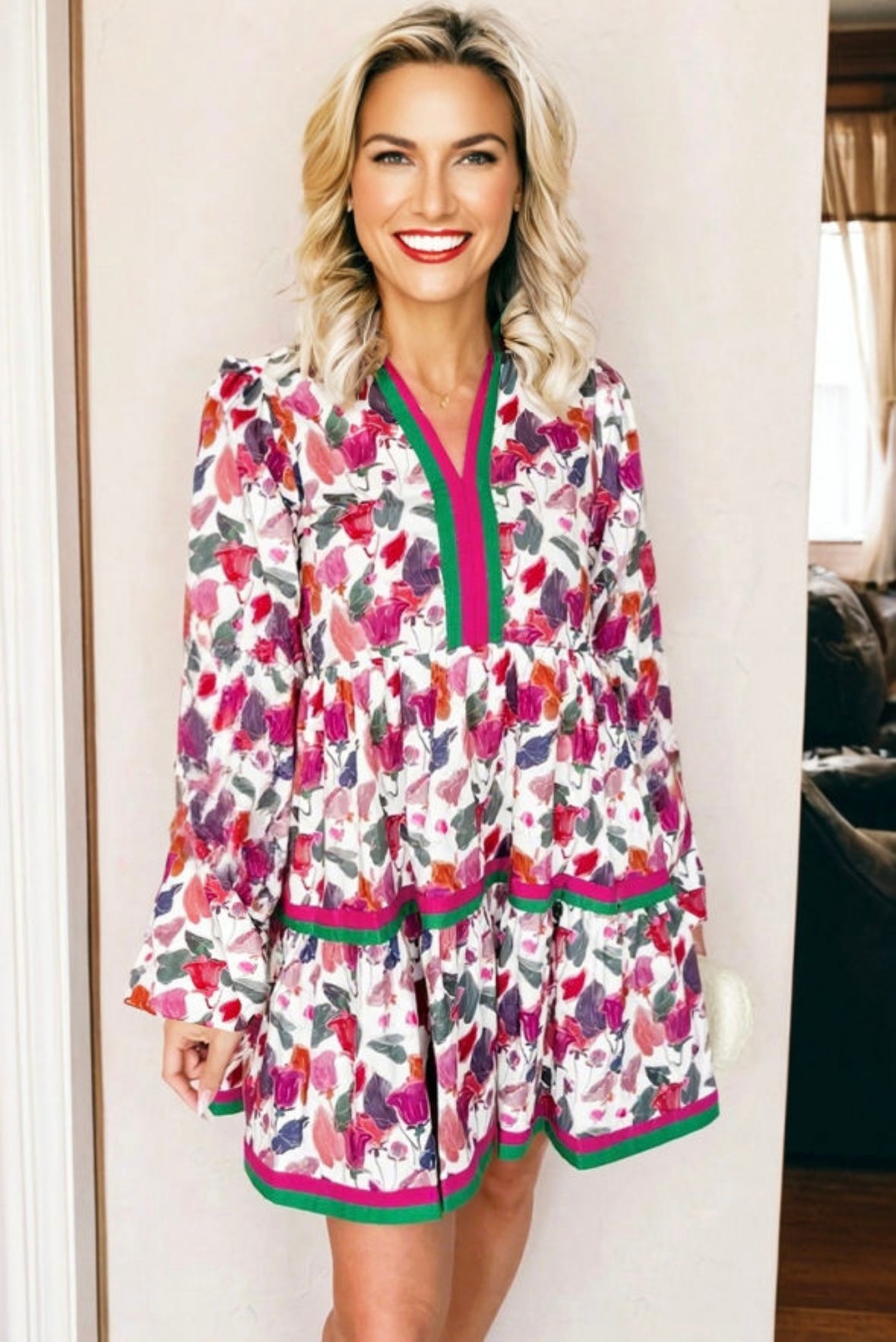 Floral Print Contrast Striped Detail Long Sleeve Mini Dress