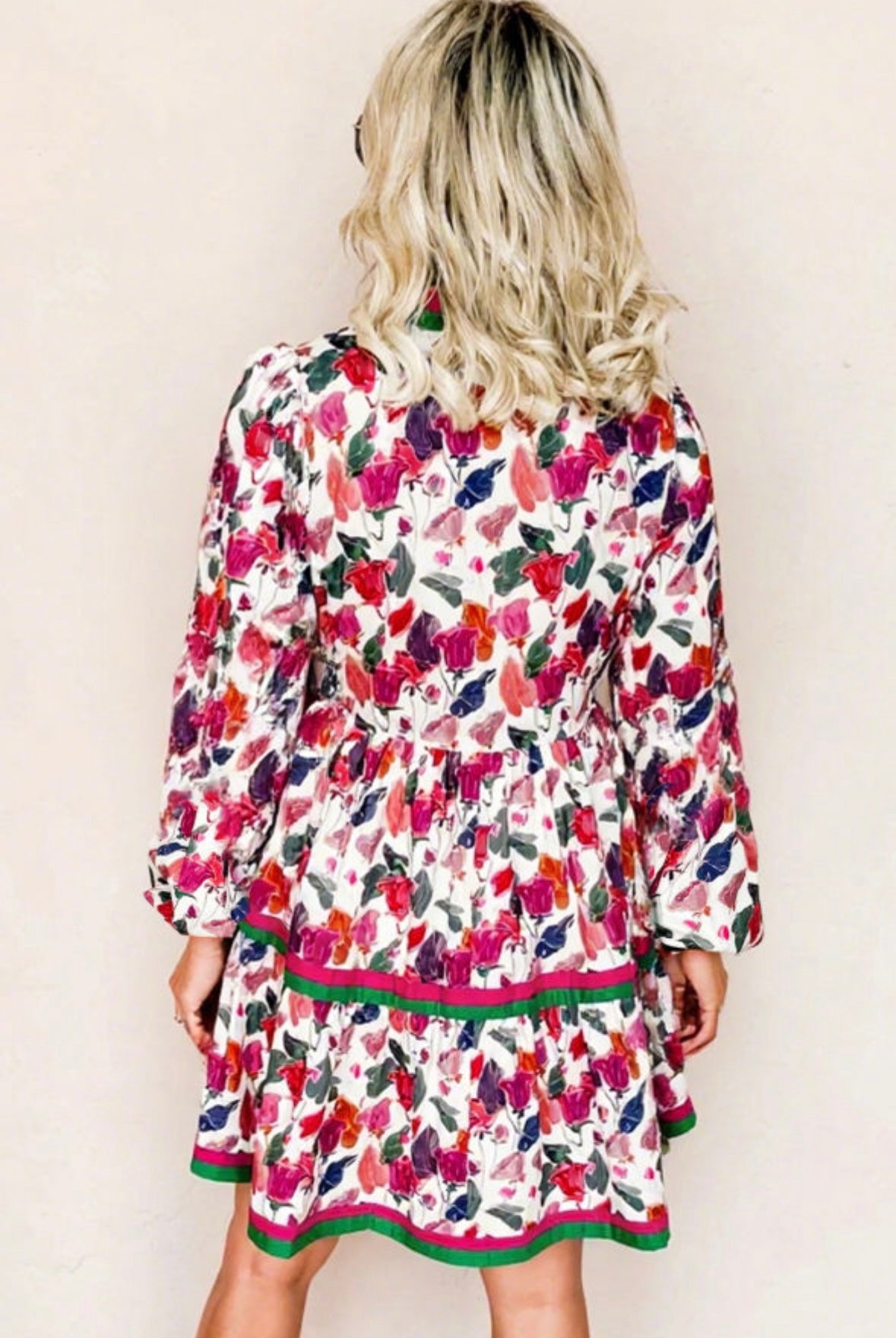 Floral Print Contrast Striped Detail Long Sleeve Mini Dress