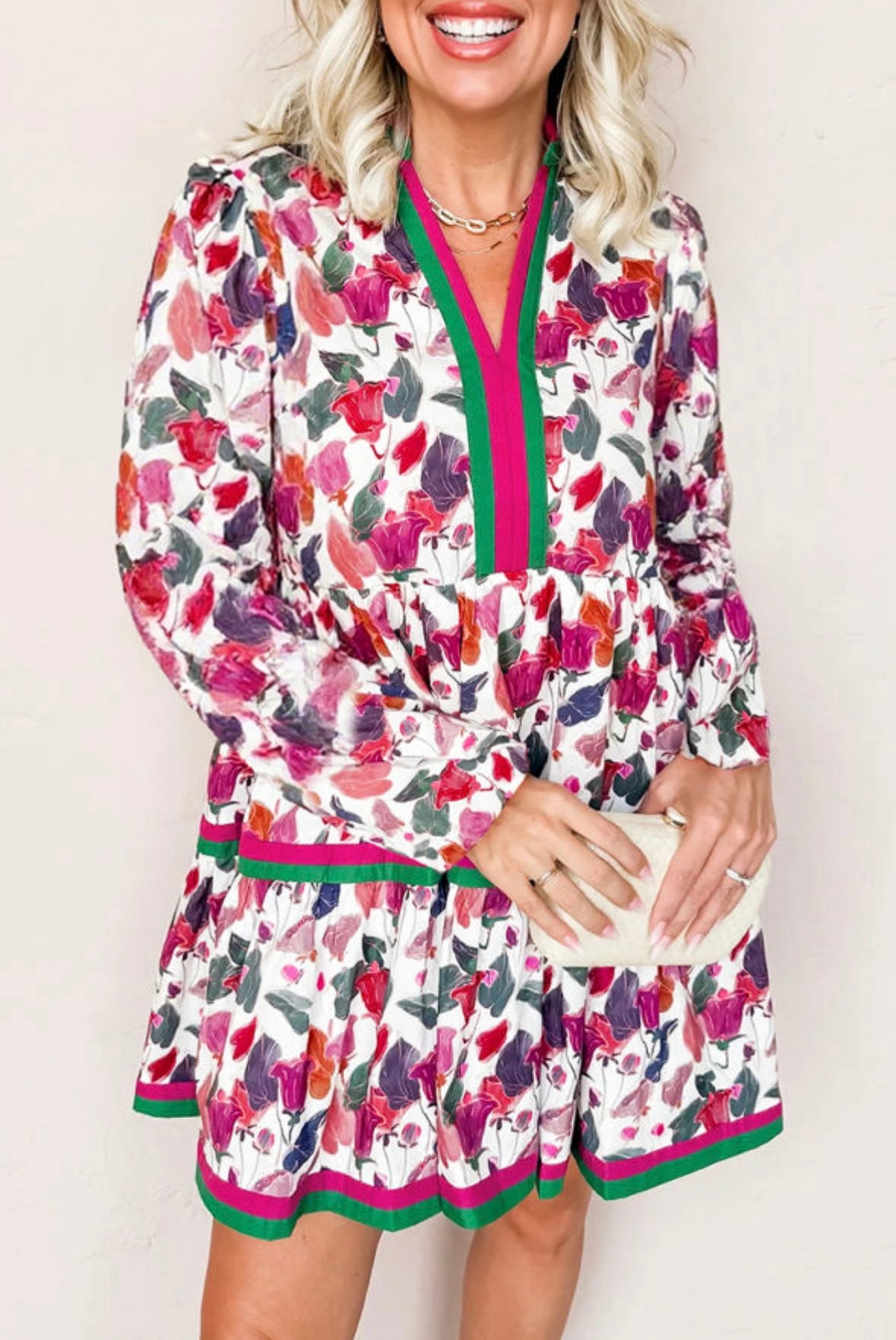 Floral Print Contrast Striped Detail Long Sleeve Mini Dress