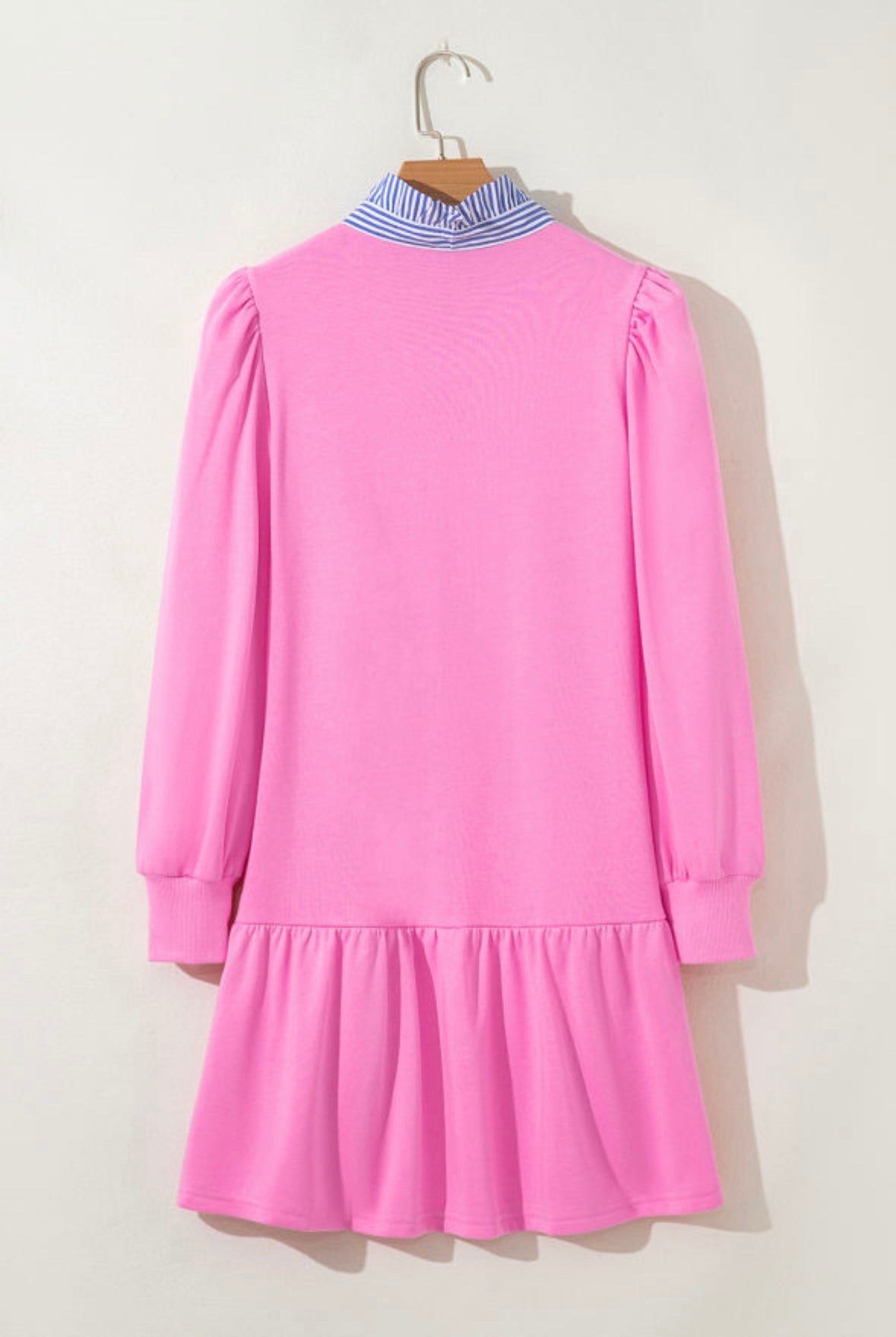 Contrast Striped Collar Patchwork Puff Sleeve Ruffle Hem Mini Dress