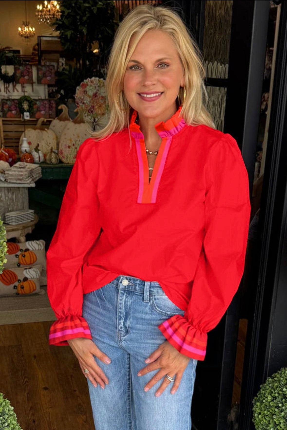 Striped Trim Ruffle Split Neck Long Sleeve Blouse