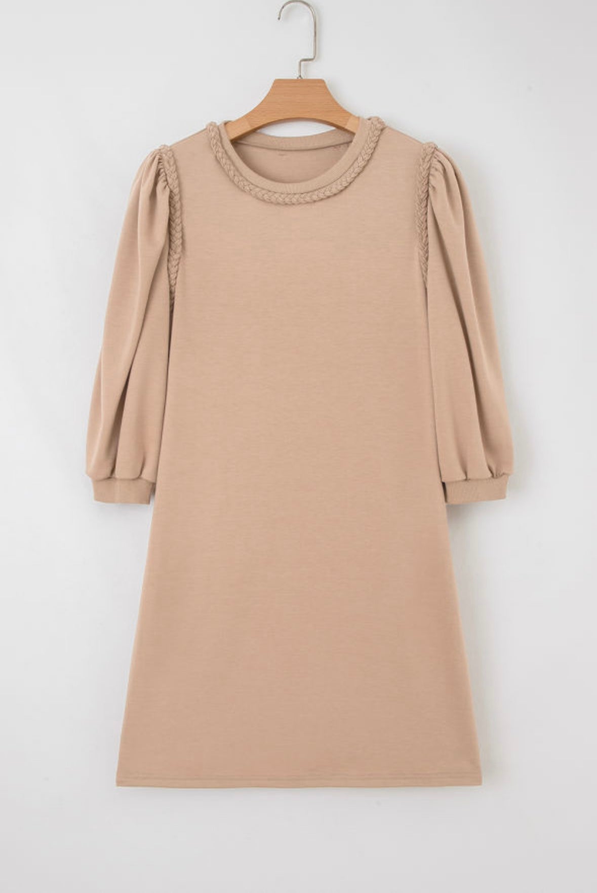Light French Beige Braided Trim Puff Sleeve Dress
