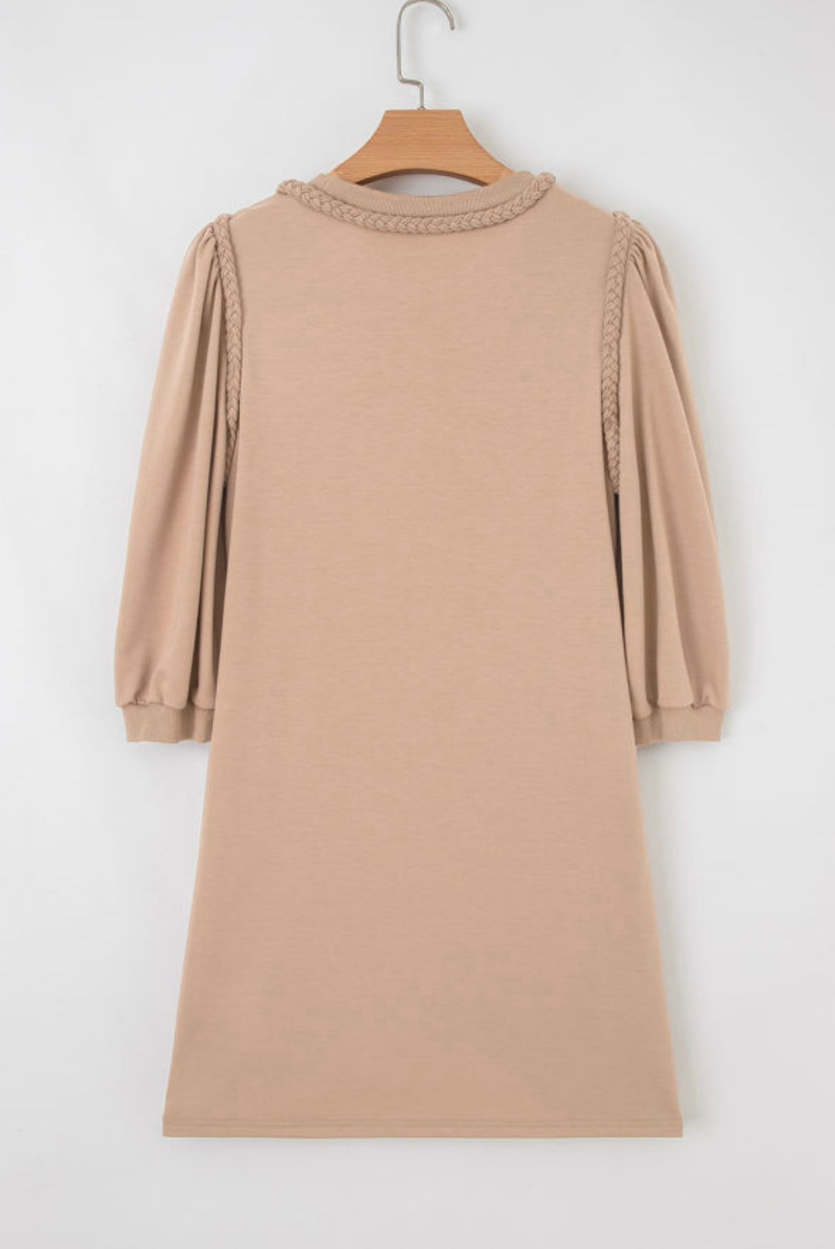 Light French Beige Braided Trim Puff Sleeve Dress