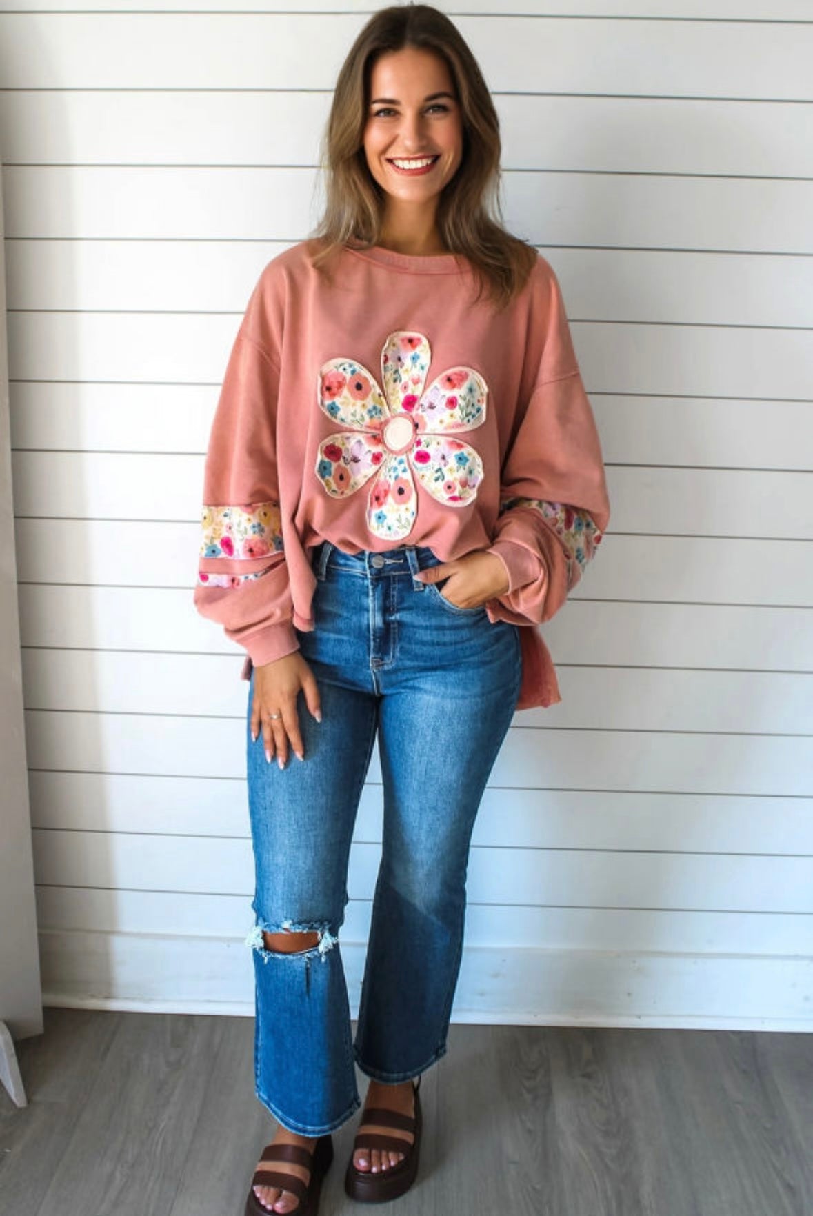Floral Appliqué Drop Shoulder Shirt