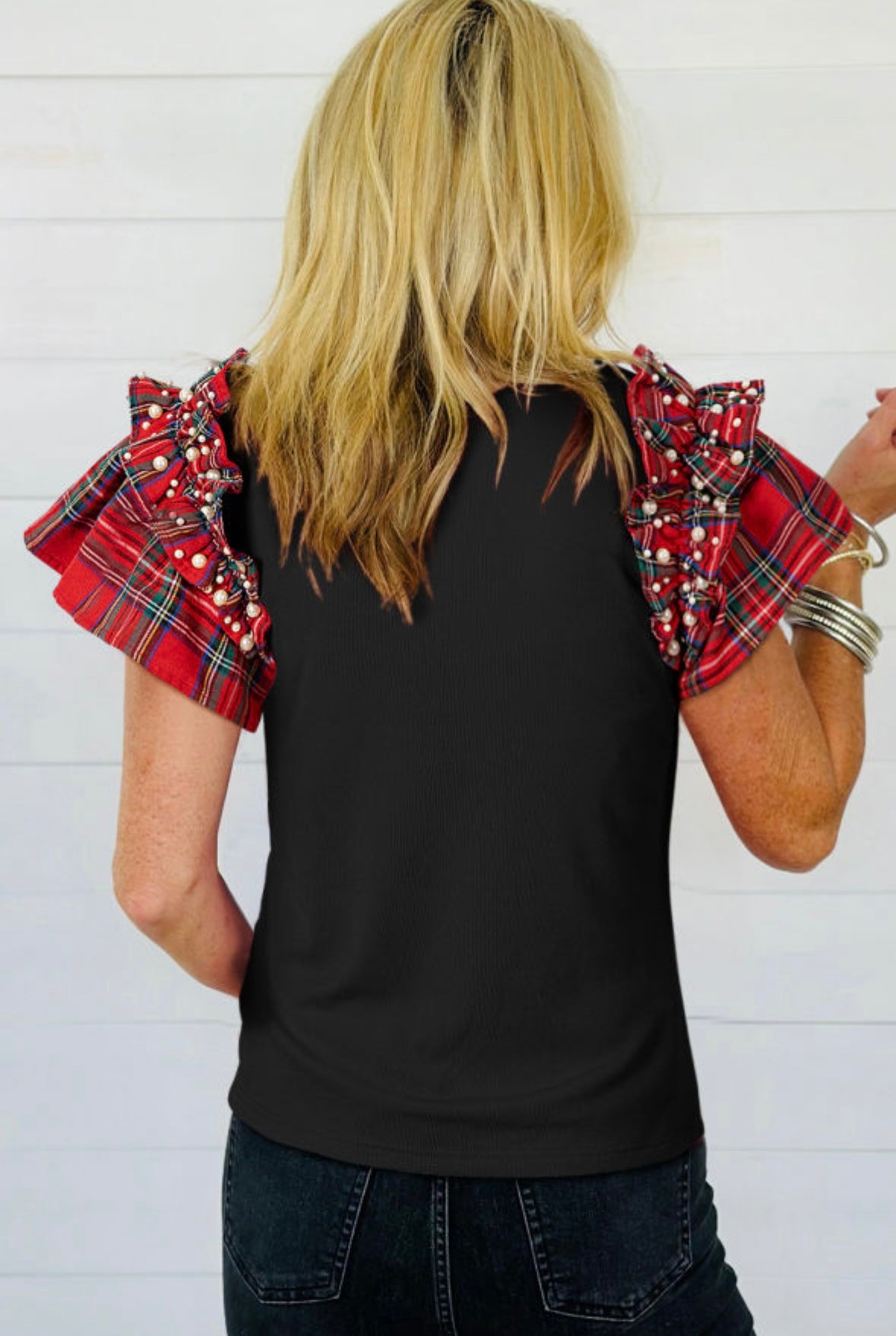Plaid Pearl Ruffle Sleeve Top