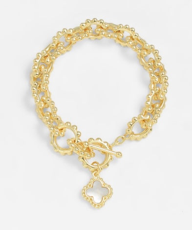 MOP Clover Charm Linked Texture Bracelet