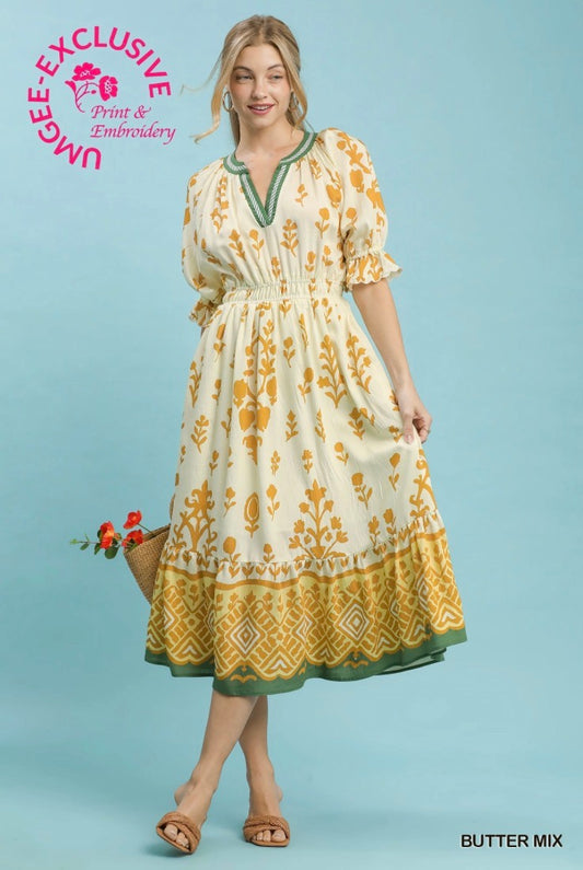 Print Smocked Waist Midi Dress