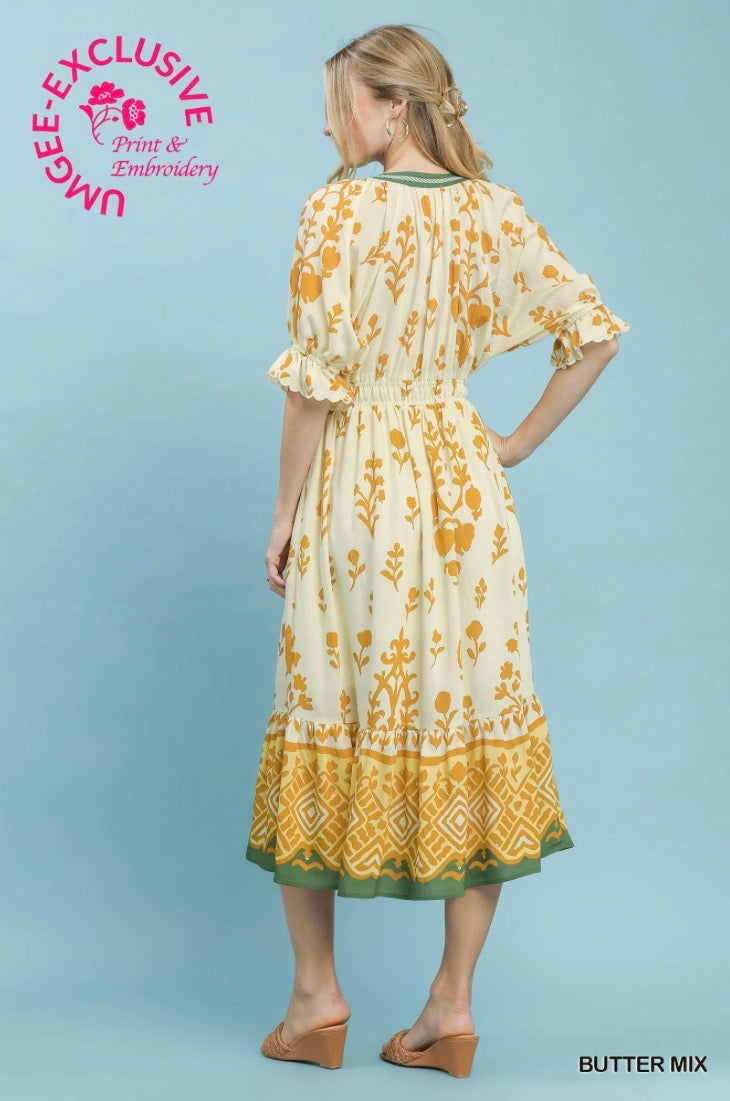 Print Smocked Waist Midi Dress