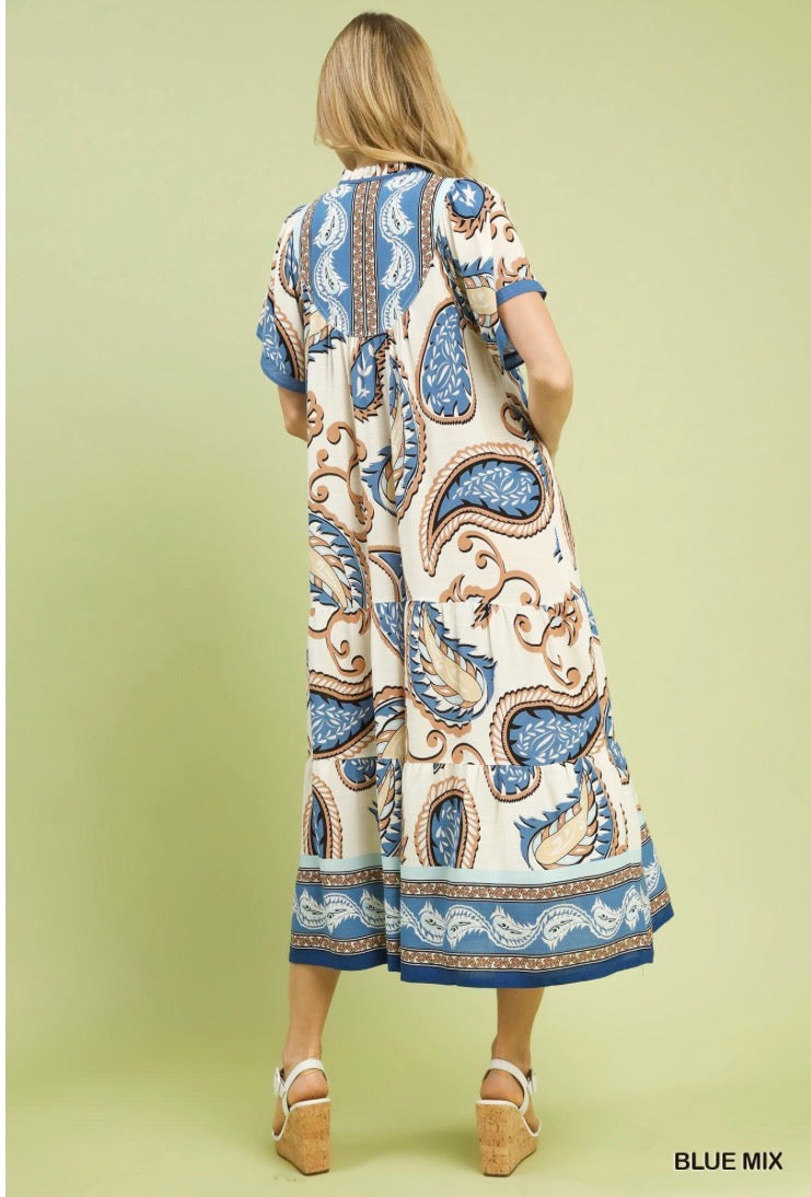 Paisley Print Midi Dress with Contrast Trim