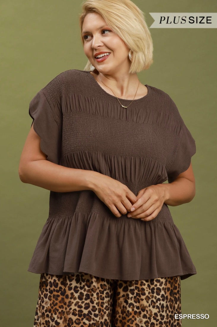 Linen Blend Smocked Peplum Top