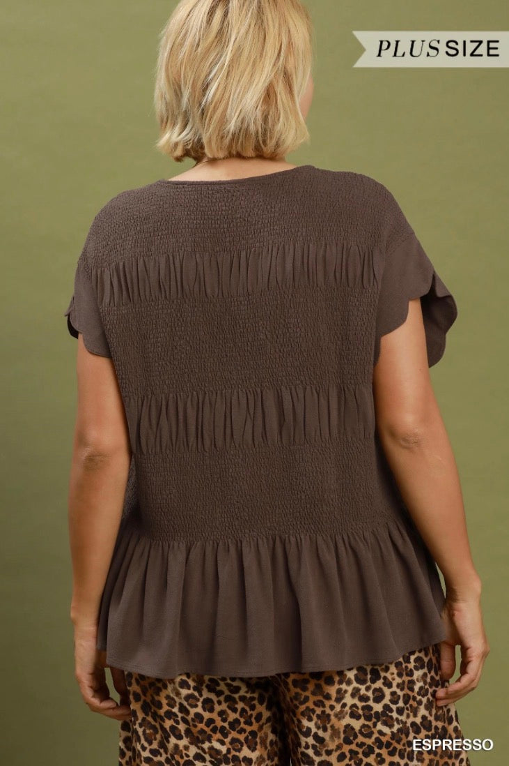 Linen Blend Smocked Peplum Top