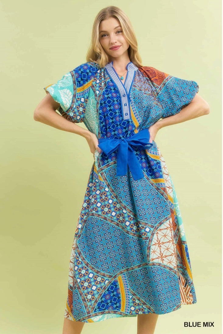 Mix Patchwork Print Midi Dress with Tie Waist