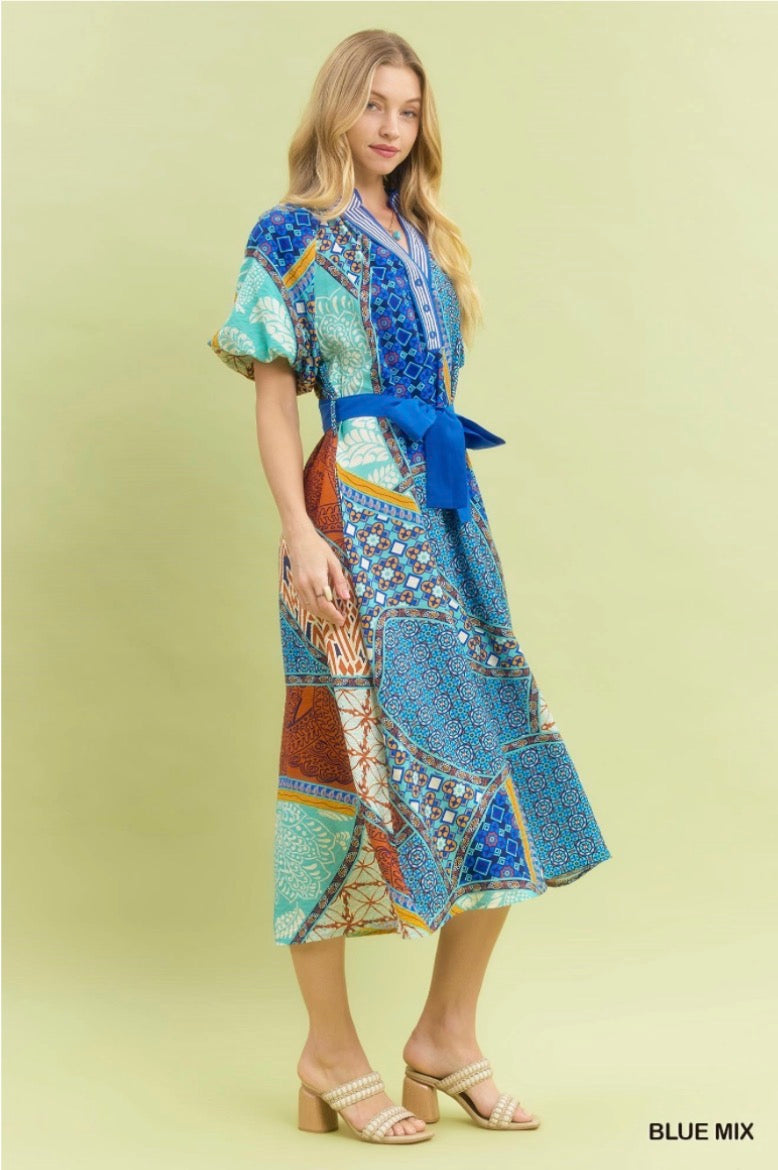 Mix Patchwork Print Midi Dress with Tie Waist