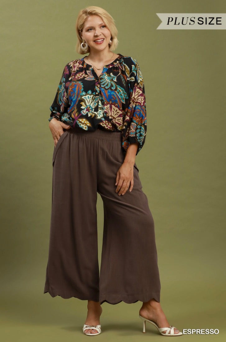Linen Blend Scallop Hem Wide Leg Pants (Espresso or Oatmeal)