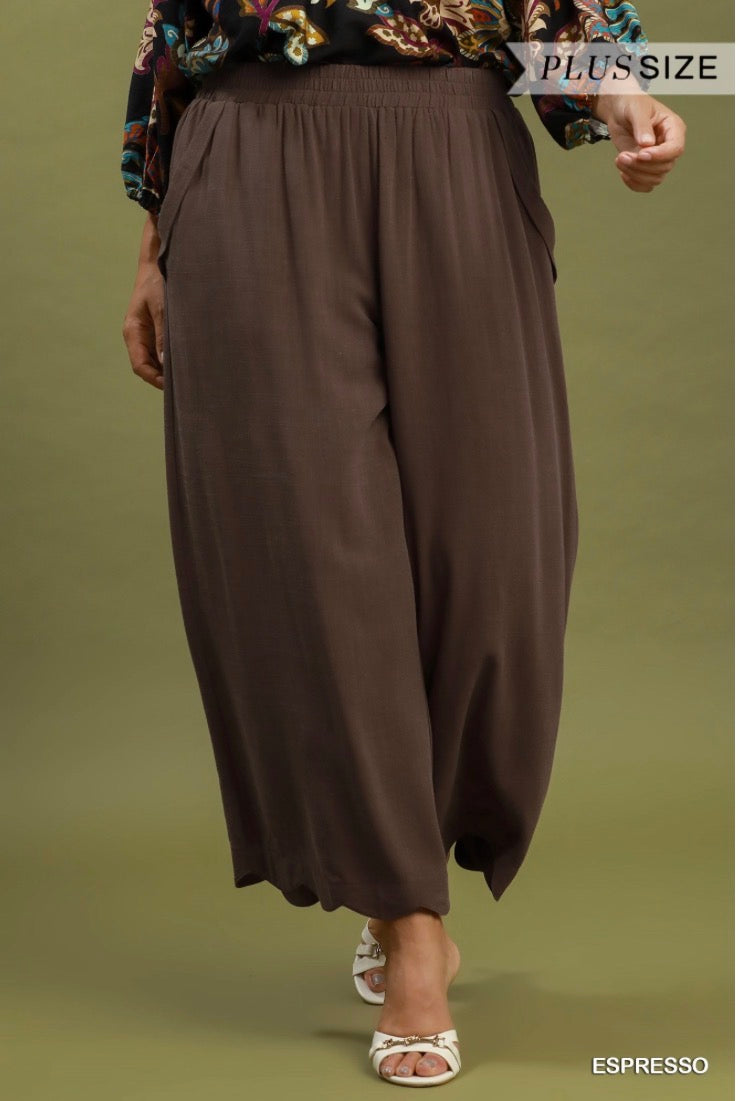 Linen Blend Scallop Hem Wide Leg Pants (Espresso or Oatmeal)