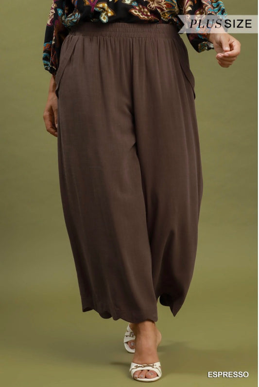 Linen Blend Scallop Hem Wide Leg Pants (Espresso or Oatmeal)